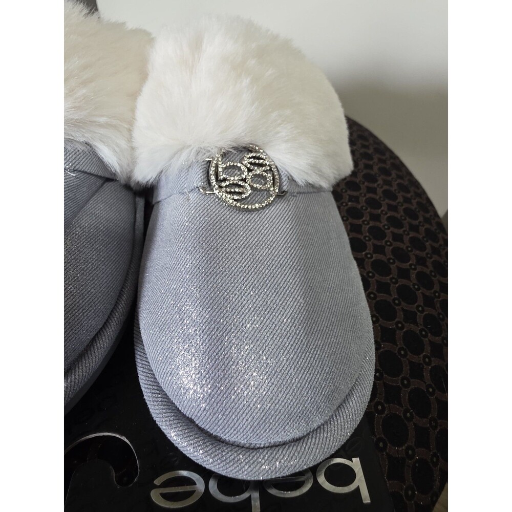 Brand New BEBE Elegant Blue Silver Faux Fur Embellished Slippers 8 NwT